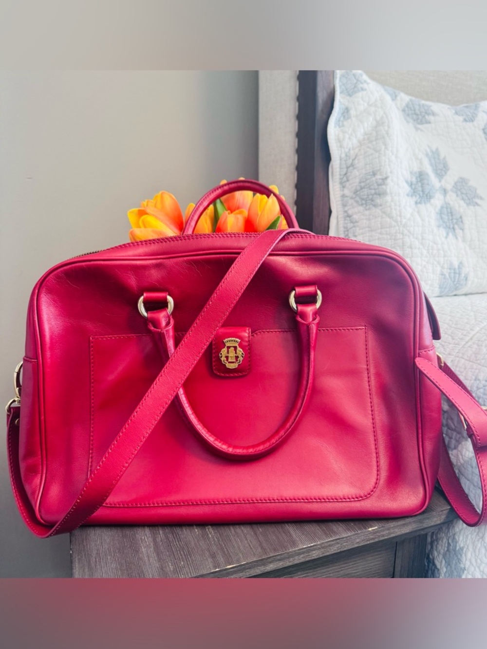 Burgundy Leather Satchel with Detachable Strap - ROECKL